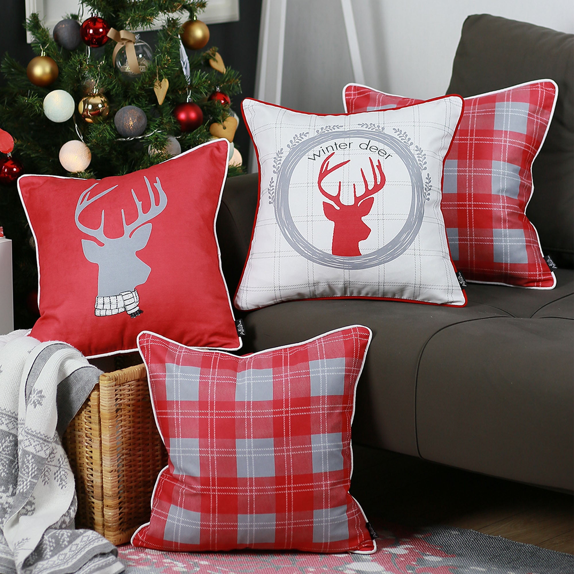 Festive Red and White Christmas Throw Pillow Set, 18" x 18"