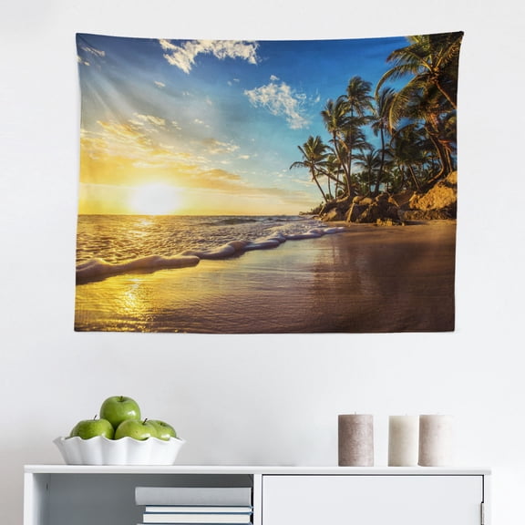 Ocean Tapestry, Image of a Tropical Island Beach Theme The Palm Trees and Clear Sea Print, Fabric Wall Hanging Decor for Bedroom Living Room Dorm, 2 Sizes, Turquoise Blue, by Ambesonne