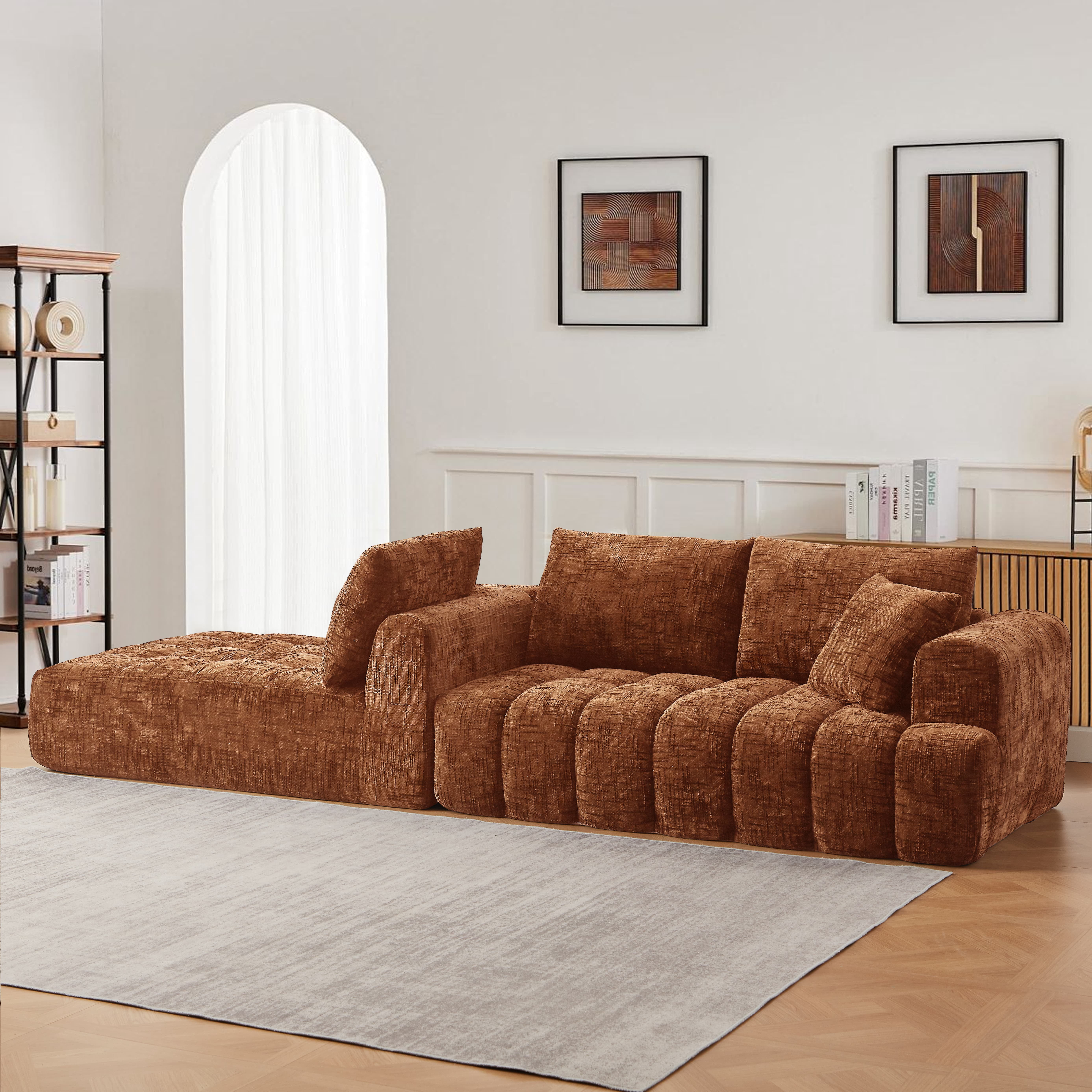 MAYEERTY 108.3" Orange Chenille L-Shaped Modular Sectional Sofa, Pocket Spring No Assembly Couch for Living Room Apartment