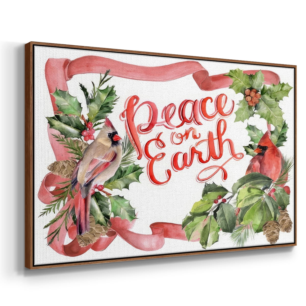 Cardinal Holly Christmas Collection A - Framed Gallery Wrapped Holiday Canvas - 27 x 41 - Rosewood Frame