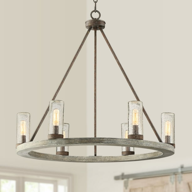 Franklin Iron Works Gray Wood Finish Bronze Wagon Wheel Chandelier 27 Wide Industrial Seeded Glass Shades 6 Light Fixture Dining Room Com Light Fixture Dining Room, Large Wooden Wagon Wheel Chandelier
