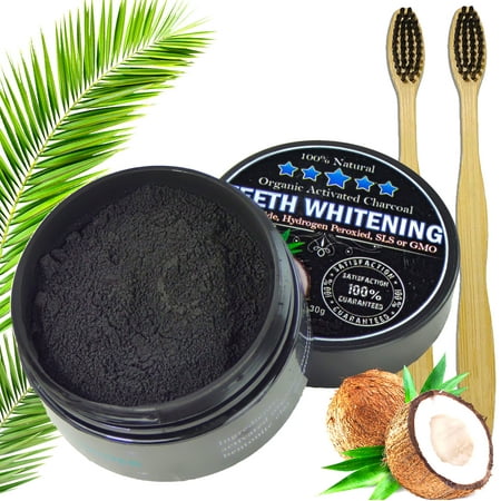 Charcoal Teeth Whitening Powder, Natural Activated Charcoal Coconut Shells + 2 Bamboo Toothbrushes - Safe Effective Tooth Whitener Solution