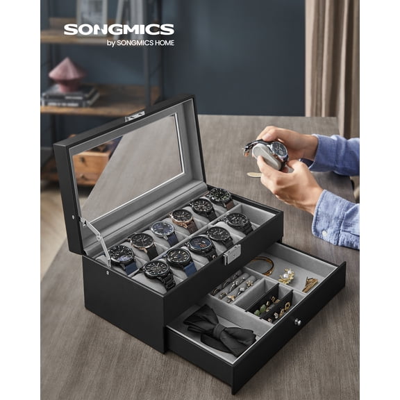 SONGMICS Caja de Relojes de 2 Niveles, Estuche para 12 Relojes, Tapa de Cristal, con Cerradura, Cuero Sintético Negro y Forro Gris
