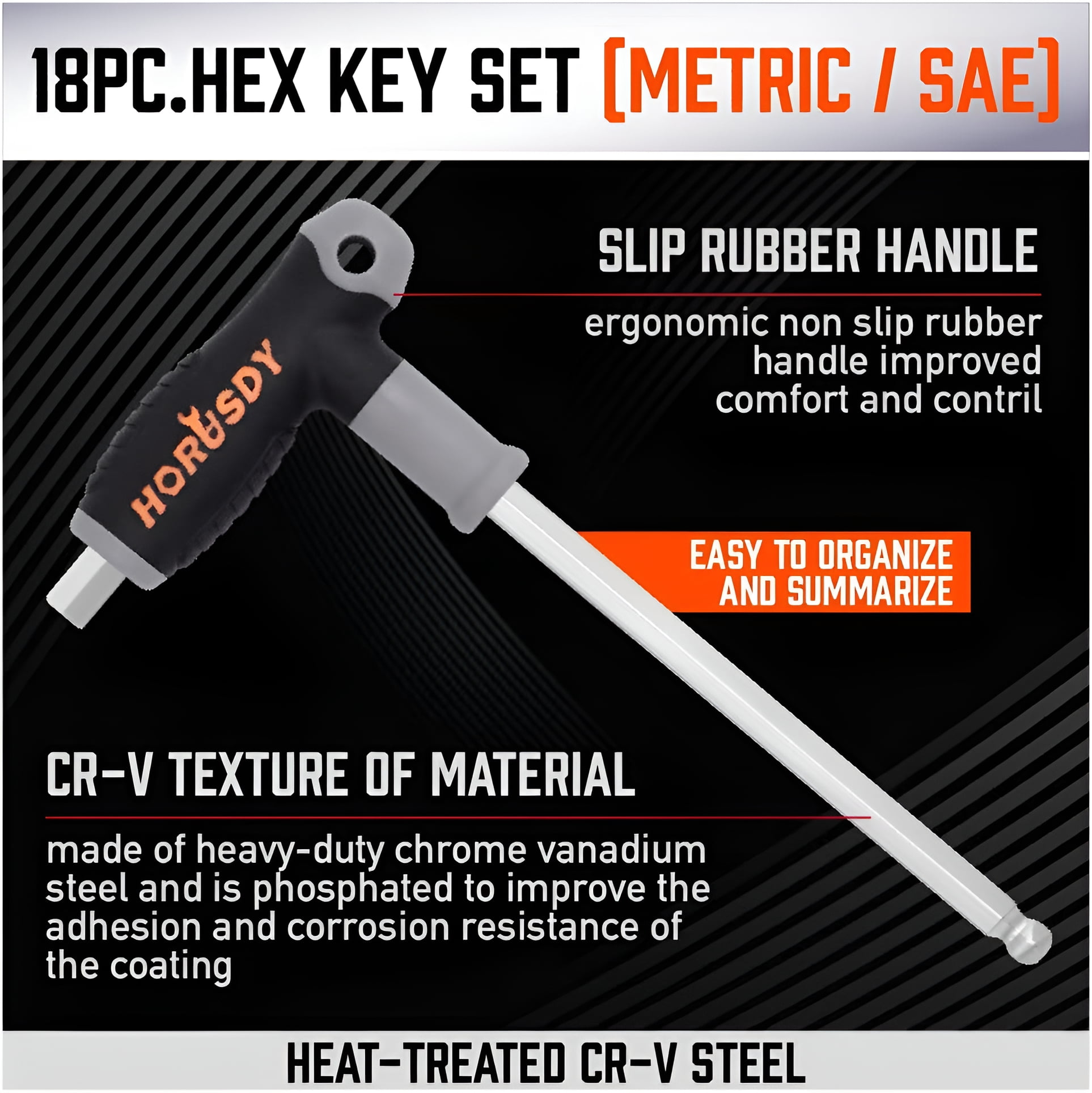 HORUSDY 18 Piece T-Handle Allen Wrench Set Inch / Metric Long Arm Ball End Hex Key Wrench Set MM(1.5mm-10mm) SAE(1/16"-3/8")