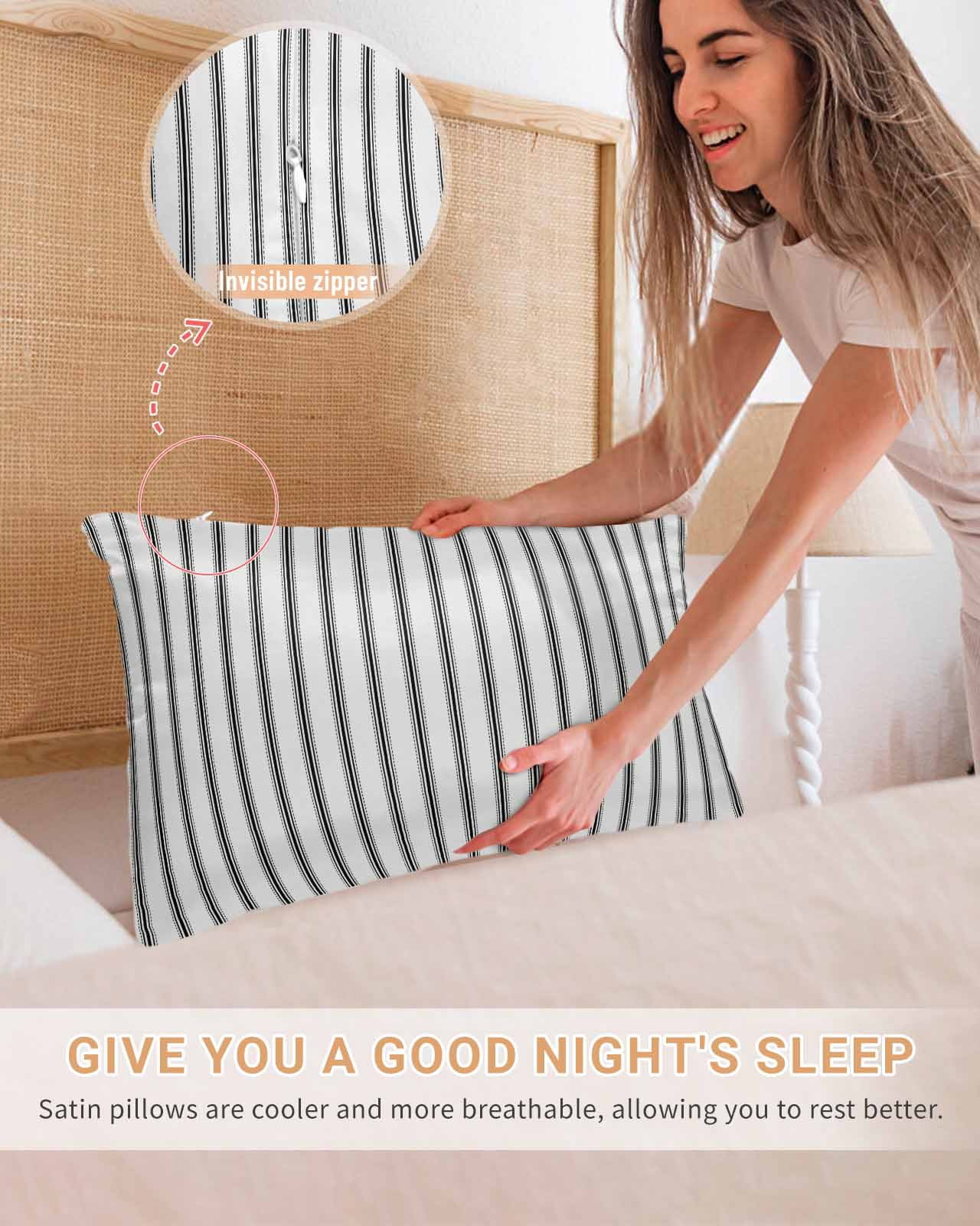 Black Striped Pillow Cases Standard Size Set of 2, Smooth Satin Pillowcase for Hair and Skin, Black White Stripes Farmhouse Decorative Cooling Bed Pillow Covers with Zipper, 20x26 Inches