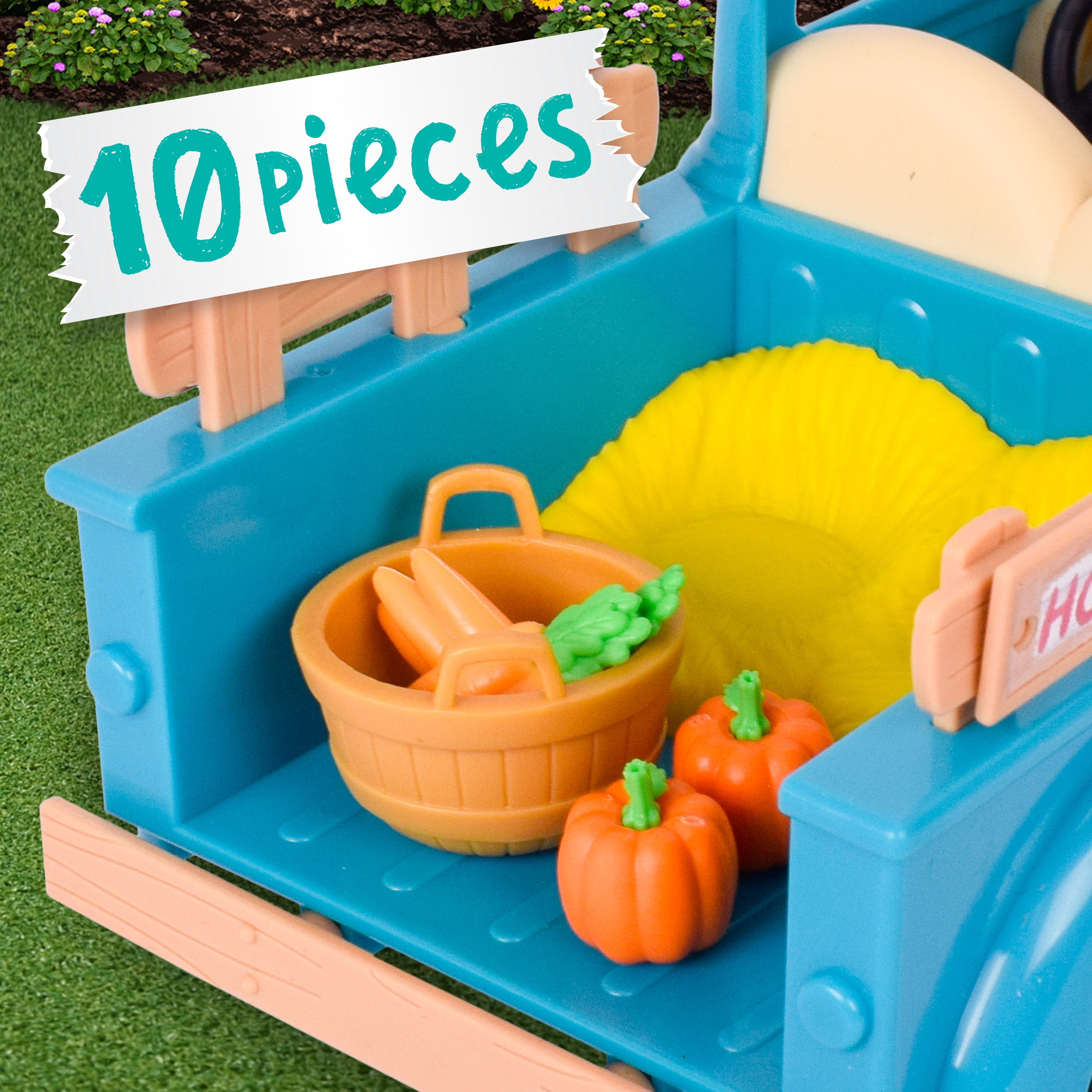 Honey Bee Acres Buzzby Farm Truck – Toy Vehicle with Miniature Food Accessories and Cow Figure – Seats 4 Dolls – Dolls for Kids Ages 3+