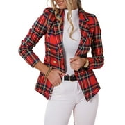 Shuttle tree Women Casual Slim Fit Blazer Long Sleeve Plaid Suit Double Breasted Business Jacket Lapel Coat