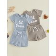 thumbnail image 3 of BemeyourBBs Newborn Baby Boys Summer Clothes Cute Infant Baby Boy Lil Bean Outfits Waffled Striped Short Sleeve Romper Tops Shorts 2Pcs Set, 3 of 9