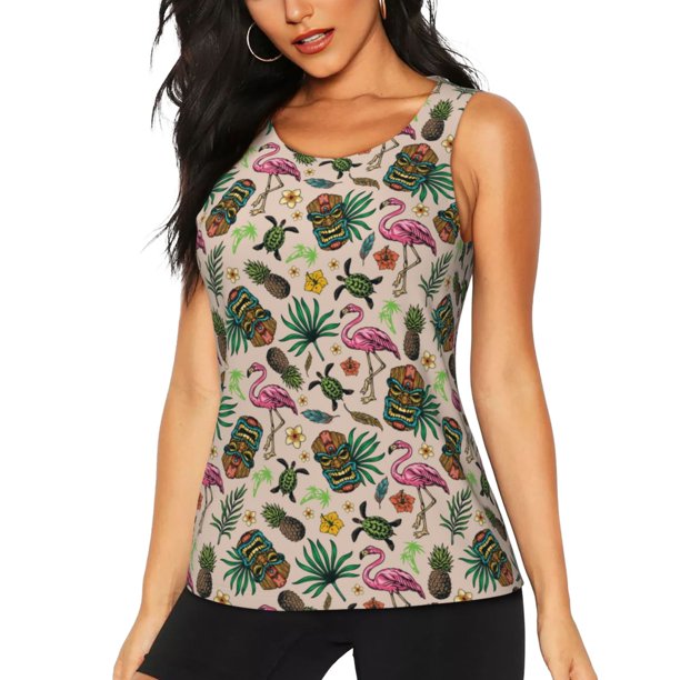 Fotbe Tropical Mask Flamingo Blusas Sin Mangas para Mujer – Estilo Casual, Corte Suelto, Slim-Fit, Cuello Redondo Deportivo, Tops de Verano para Gimnasio y Yoga-Small
