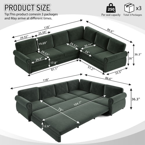 118" L-Shaped Sectional Sleeper Sofa with King Size Pull-Out Bed, Chenille Upholstered, Nailhead Trim & Rolled Arms, Green