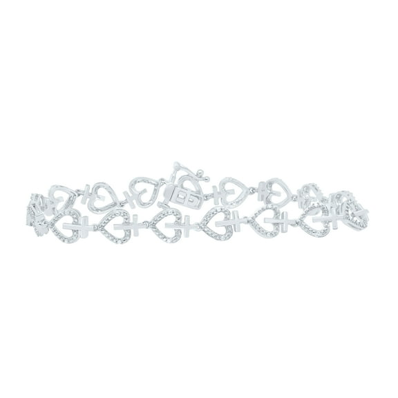 Sterling Silver Real Diamond 6mm Heart & Cross Link Tennis Bracelet 1/10 CT | 7"