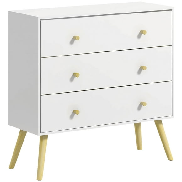 HOMCOM 3 Drawer Dresser, Chest of Drawers with Wood Legs, White
