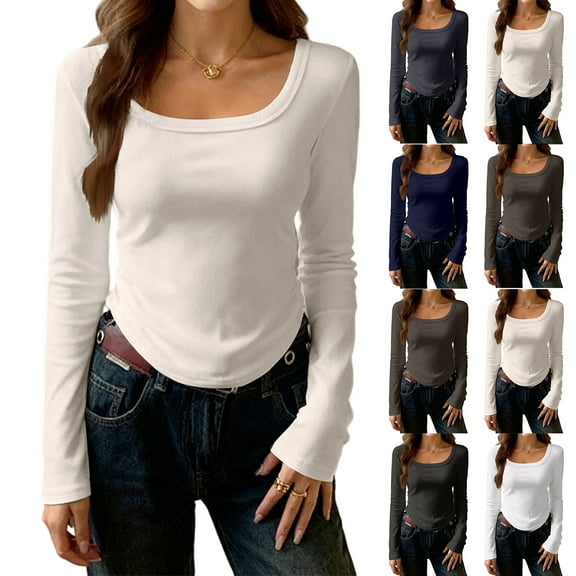 Hearthz Womens Long Sleeve Tops Scoop Neck Base Layer Women Slim Fit Basic Undershirts Underscrub Baselayer