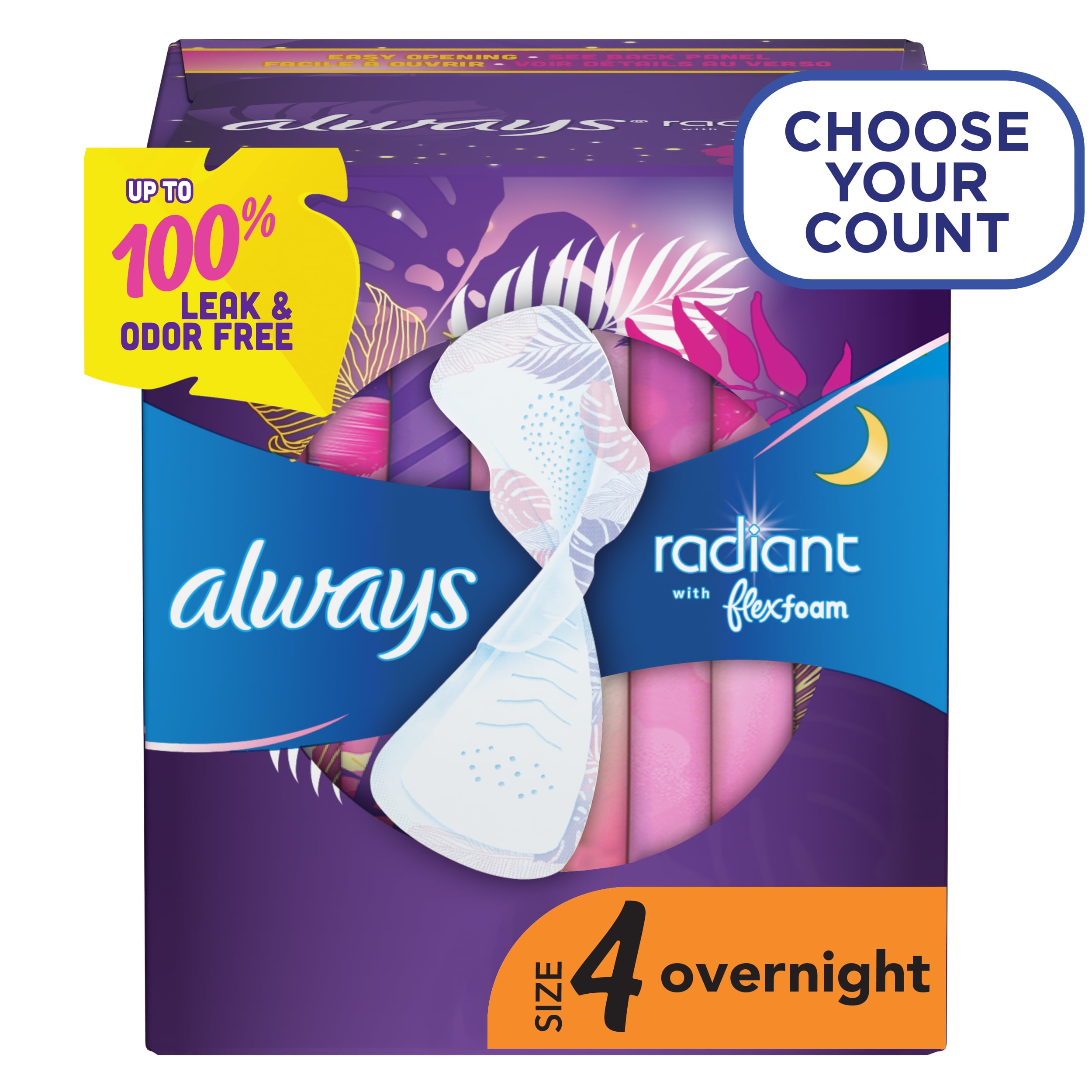 Always Radiant Overnight Pads with Wings, Scented, Size 4, 28 Ct