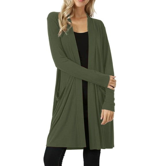 VISALY Long Cardigans Open Front Cardigan Casual Women Lightweight Front Cardigan Solid Soft Long Sleeve Sweater with Pockets Thin Cardigans Lightweight Plus Size Cardigan Lightweight Army Green L
