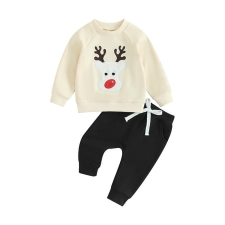 

Bagilaanoe 2Pcs Baby Girl Boy Christmas Clothes Toddler Deer Embroidery Long Sleeve Sweatshirt Tops + Sweatpants 3M 6M 12M 18M 24M 3T Kids Fall Pants Set