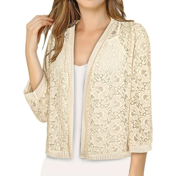 Vinsonshop Womens Lace Floral Bolero Shrugs 3/4 Sleeve Open Front Cropped Cardigan Lightweight Sheer Evening Dress Cover Up Tops Beige L