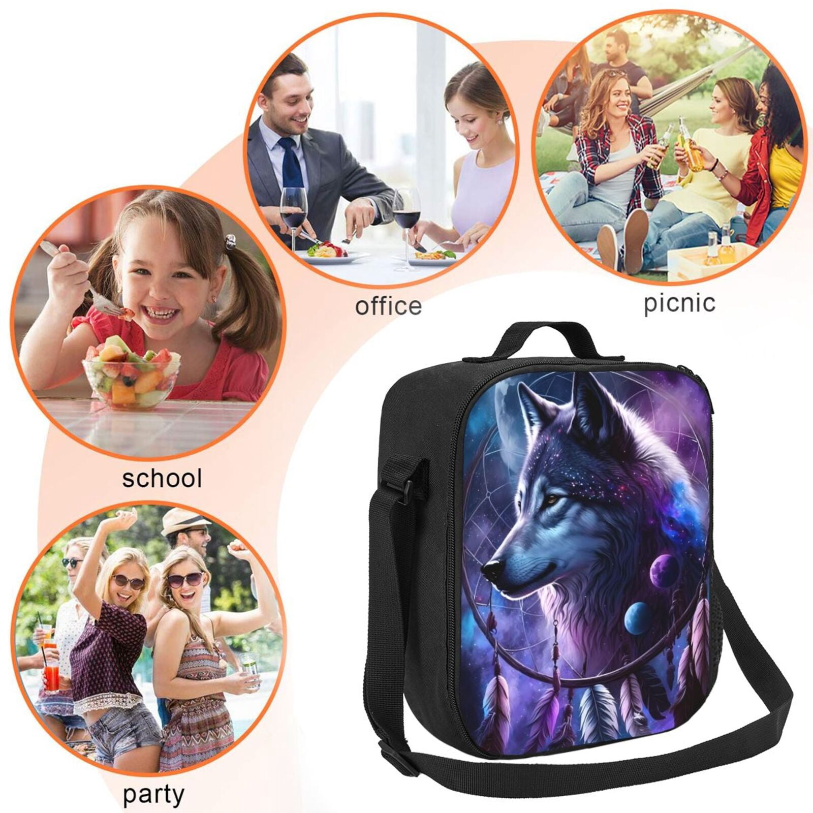 Ratiio Feathered Wolf Print Lunch Box - Reusable Lunch Bag Men Adult Women- Insulated LunchBox