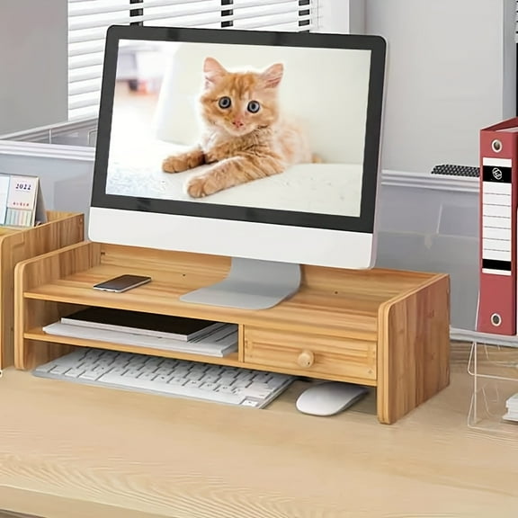 Recycled Wood Monitor Riser Stand with Storage - Multi-Functional Desktop Organizer with Keyboard Drawer for Home Office, Books & Stationery, Space-Saving Floor Design