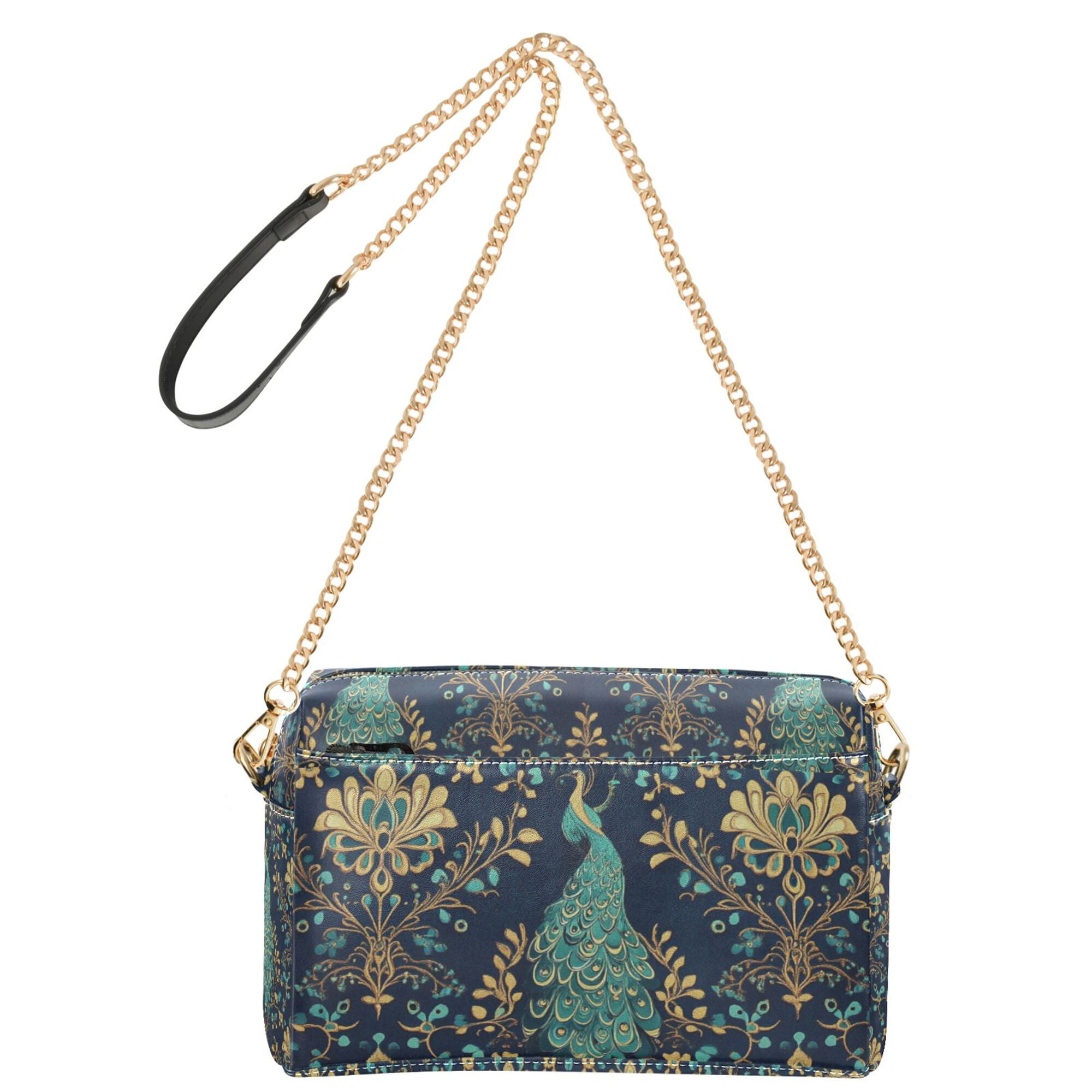 FORMRS Women Crossbody Purse with Chain Strap Vegan Leather Shoulder Handbag, Navy Blue Peacock Pattern