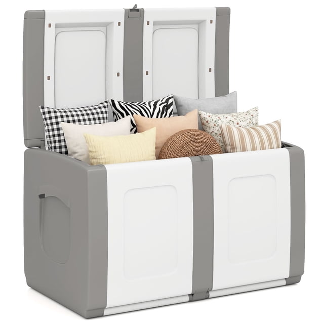 Gymax Deck Box Patio Container w/ Lockable Lid Weatherproof Plastic Storage Bin Gray & White