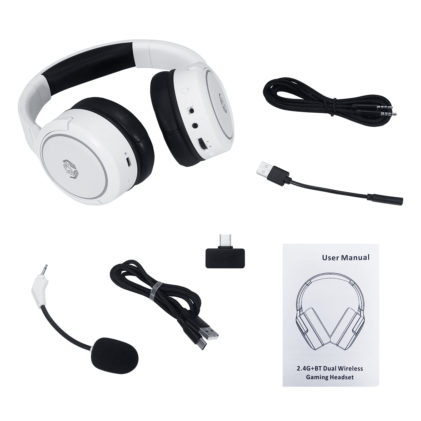 HUO JI 2.4G/Bluetooth Wireless Gaming Headset with Noise Cancelling Microphone, RGB Light, USB-C/USB-A/3.5mm Wired, Stereo Sound, Adjust Headband, Portable Foldable for PC,PS5, PS4, Xbox Series, White