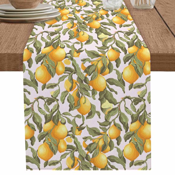 nqOlkjepod Yellow Lemon Table Runner 120 Inches Long Farmhouse Dress Scarves, Green Leaves Fruit Branch Pastoral Farm Dining Tablerunner for Coffee Table/Kitchen Island/Party Décor, 13" x 120"