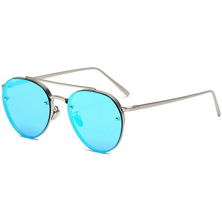 OWL Eyewear Sunglasses 86025 C6 Women's Metal Fashion Aviator Silver Frame Blue Mirror Lens