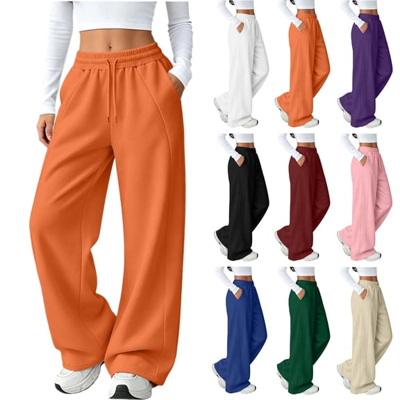 Sweatpants for Women Sweatpants Women's Casual Drawstring Solid Color Elastic Waist Sports Straight Slim Side Line Track Pants Orange L