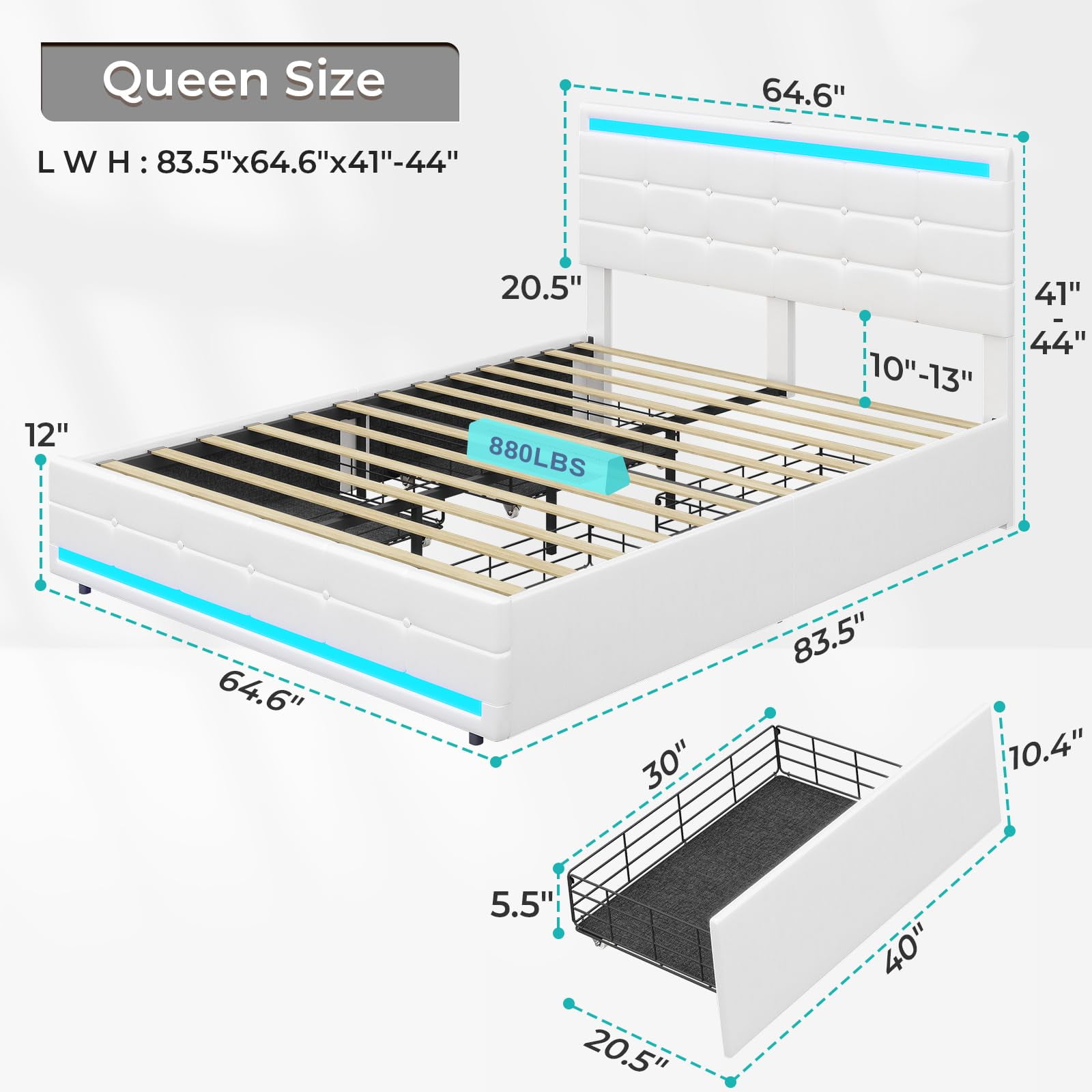 Queen Platform Bed Frame with 4 Drawers Storage and Headboard, Pu Leather Upholstered LED Bed Frame with 2 USB Charging Station & Wood Slat Support,White