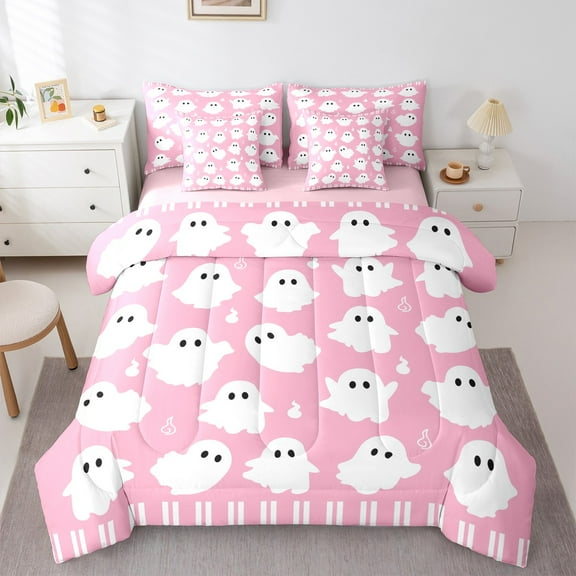 Manfei Kawaii Ghost Child Twin Bedding Sets 7-Piece, Pink Cartoon Halloween Animal Bedding Comforter Set, Sugar Gothic Style Reversible Sheet Sets, Ultra Soft Home Decor