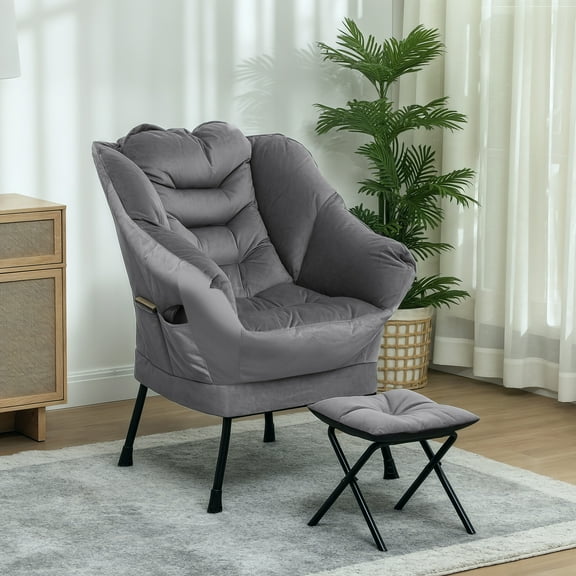 HOMCOM Lazy Chair with Ottoman Set, Fabric Upholstered Lounge Accent Chair with Armrests, Side Pockets, Gray