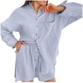 thumbnail image 1 of Ensemble de Survêtement 2 Pcs pour Femmes, Chemise Boutonnée en Coton et Shorts Décontractés, 1 of 6