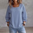 thumbnail image 3 of Uootdi Cute Summer Tops Square Neck 3/4 Bubble Sleeve Half Henley Placket Vertical Stripe Print Soft Woven Womens Shirts Loose Fit Airy Comfortable Womens Tees, 3 of 8