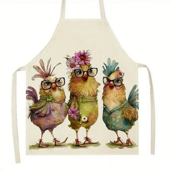 2PCS Kitchen Apron Cartoon Rooster Pattern Linen Apron, Rustic Farmhouse Kitchen Cooking Apron With Adjustable Strap For Home Use