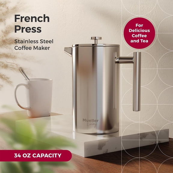 Living French Press Coffee Maker 34oz, Stainless Steel French Press Coffee with 4-Level Filtration and Double Insulated Design