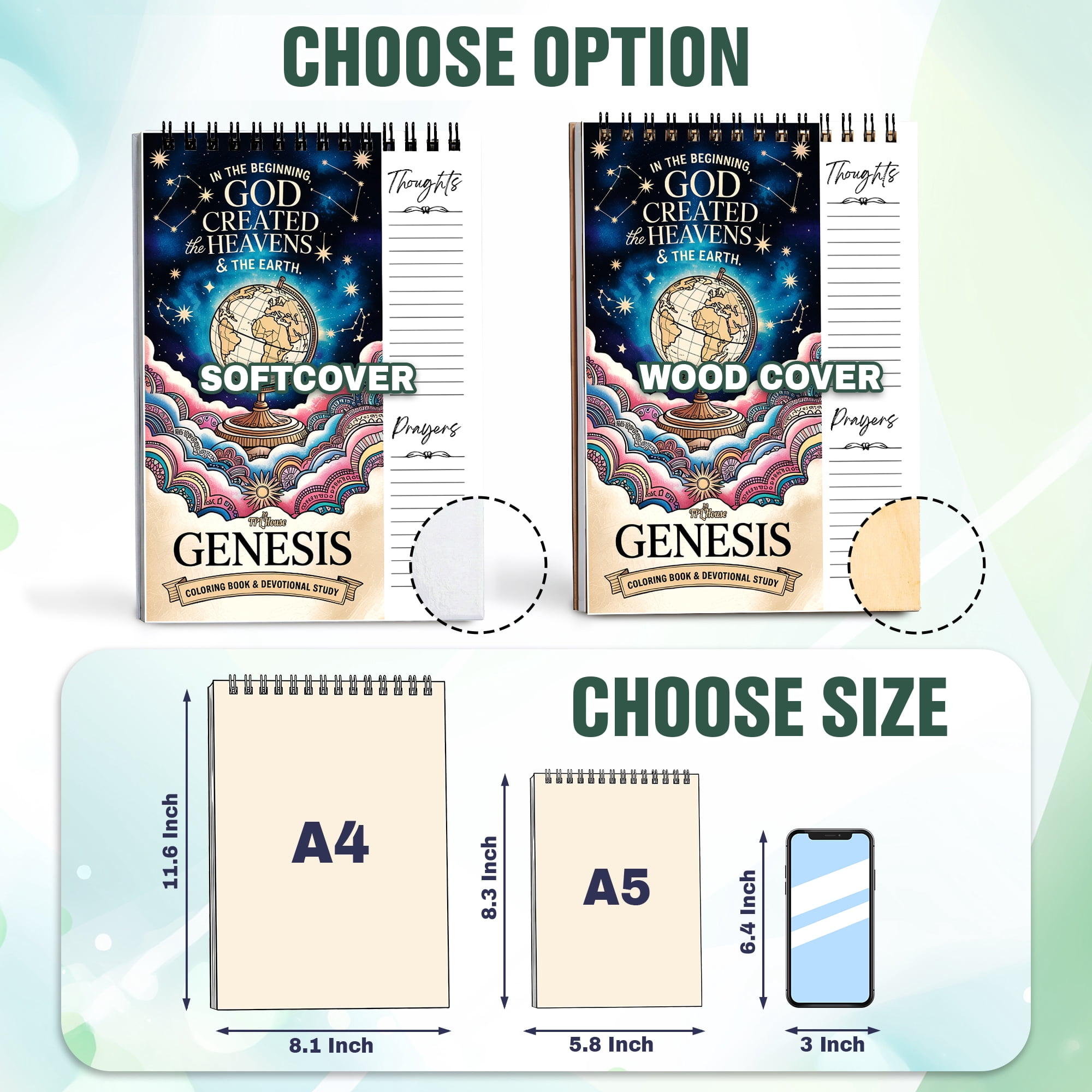 Genesis Coloring Book for Adults, 30 Minimalist Scripture Art Pages with Reflection & Prayer Space, Spiral Bound, A4 or A5 Softcover or Wood Cover