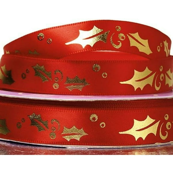 5/8" Wide Gold Poinsettias On Red Satin Christmas Ribbon - 25 Yards (5616730501)