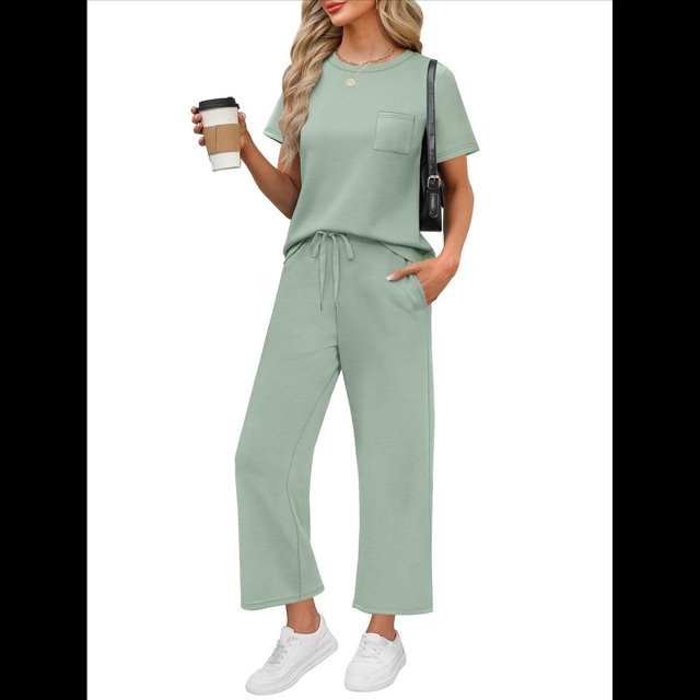 Traje de Dos Piezas para Mujer, para Viajes y Vacaciones, con Corta y Pantalones Anchos, Informal Verde L