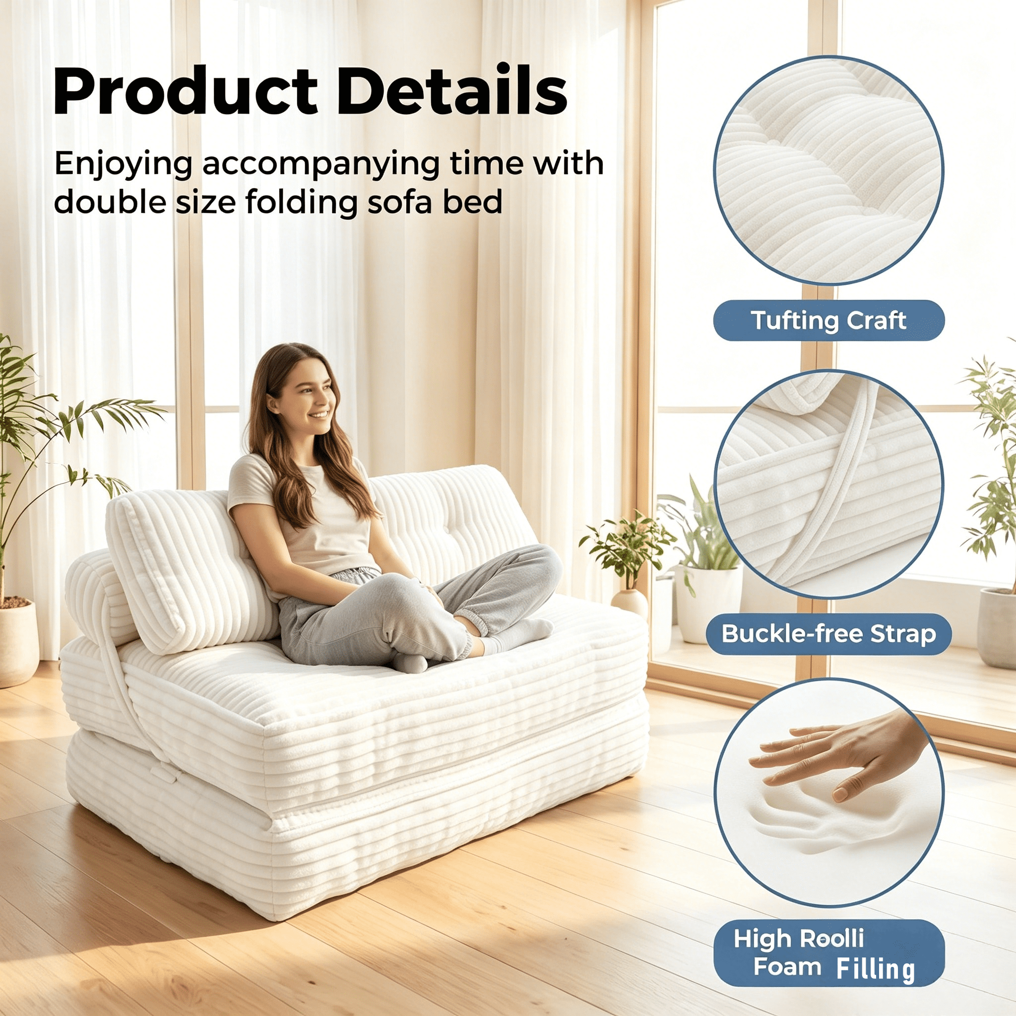 Howcool Corduroy Folding Sofa Bed,3 in 1 Convertible Sleeper Chair with Pillow & Lumbar Pillow,Boneless Floor Sofa Couch Lounge Chair for Living Room Dorm,Beige