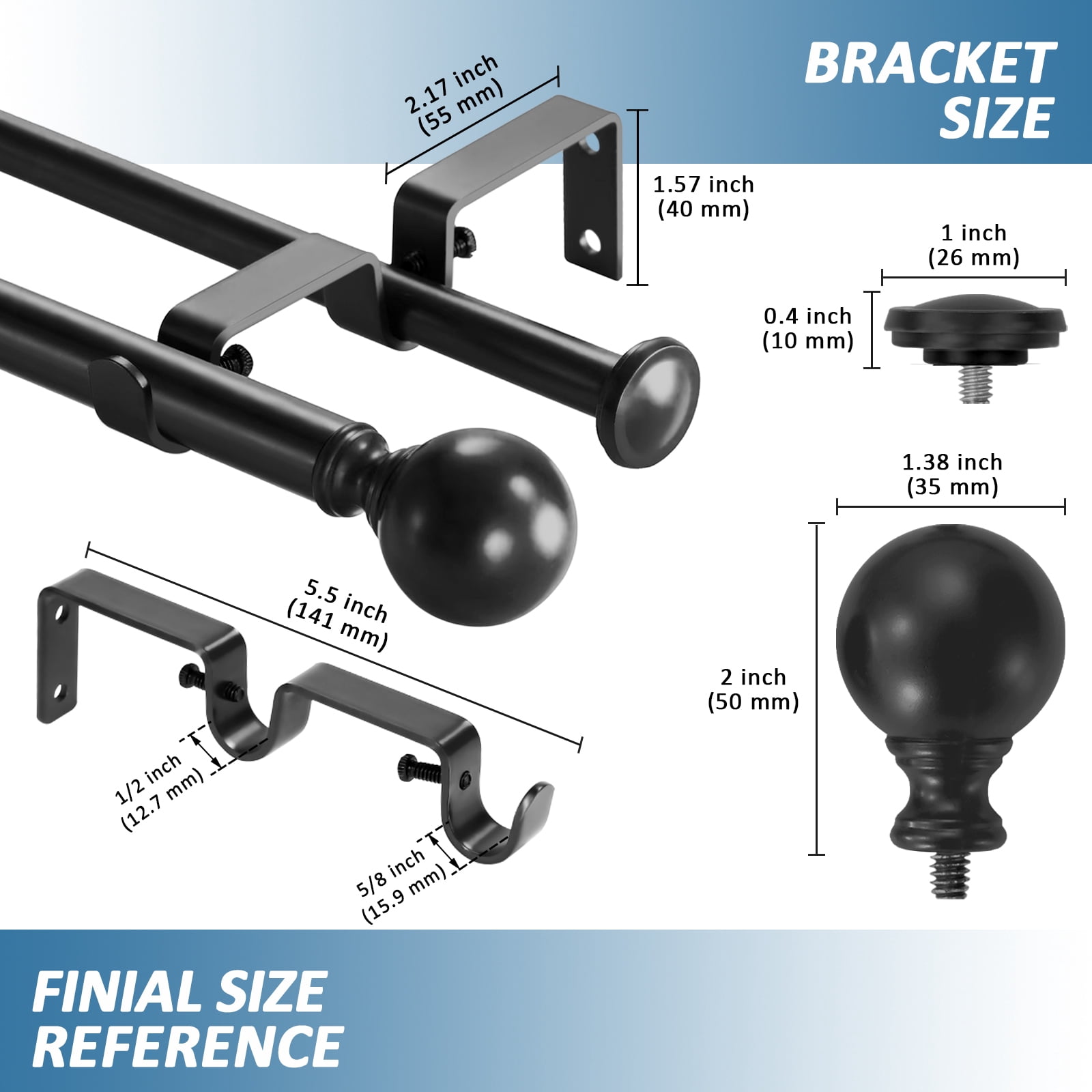 Urbanest Adjustable Double Curtain Rod Set Metal with Decorative Ball Finials, Heavy-Duty, 48"-84", Matte Black