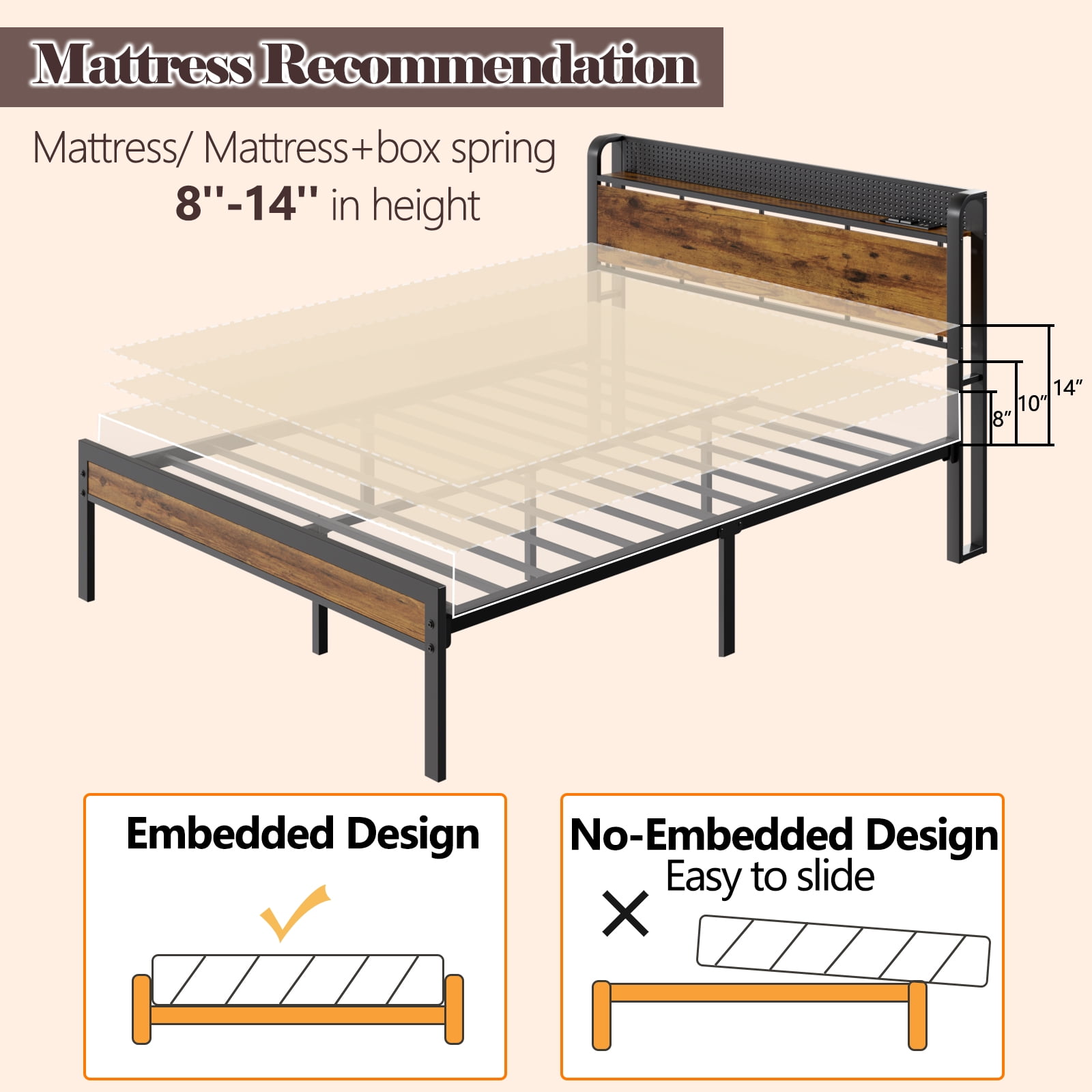 Furnulem Queen Bed Frame with LED Lights, Storage Headboard with Charging Station & USB Port, Metal Mesh Platform Bed Frame with 1000lbs Support, Noise Free