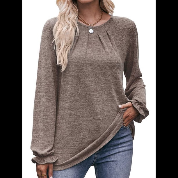 Camisas de Larga para Mujer, Moda Otoño 2025, Blusas Elegantes e Informales, Blusas Tipo Túnica Plisadas con Cuello Redondo. Caqui XL