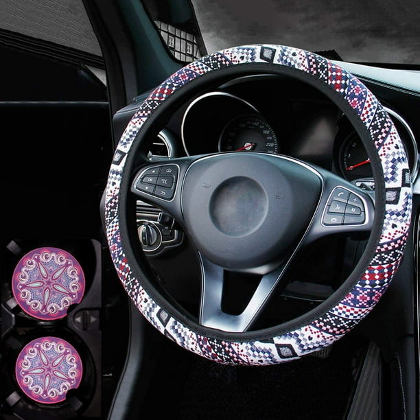 Wellvo 3 Pack Boho Steering Wheel Cover with Car Cup Holder