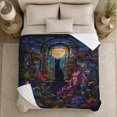 thumbnail image 4 of Black Cat In A Moonlit Flower Conservatory, Cozy Flannel Blanket with Luminous Fantasy Painting Print, Housewarming Gift for Magical Cat Garden Lovers, Home Decor for Bedroom and Living Room, 4 of 7