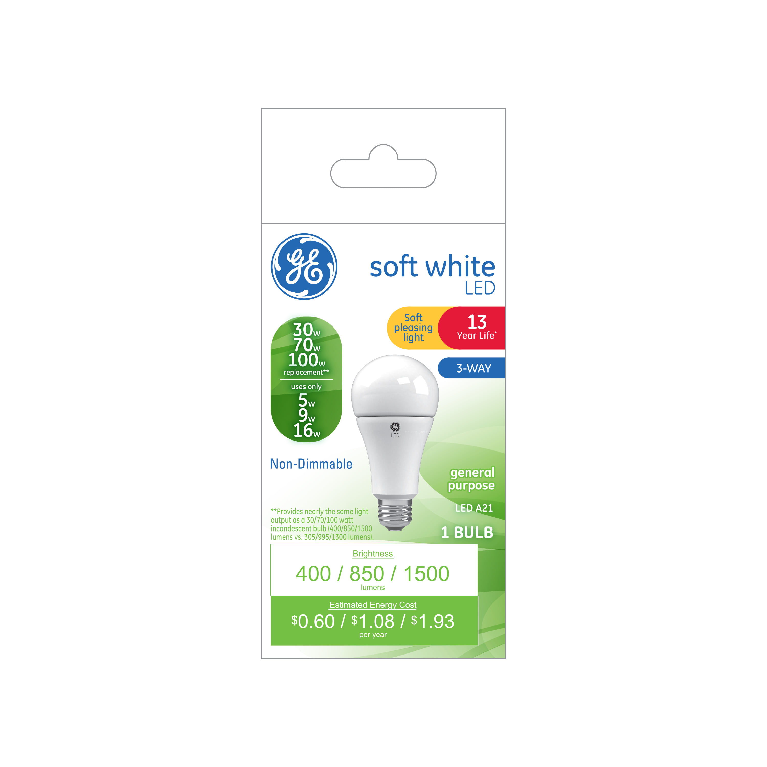 GE Soft White 100W=W15 Replacement LED Light Bulbs General Purpose A19 4-pack 