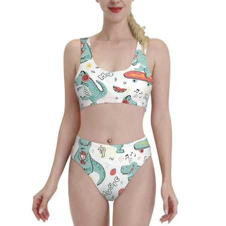 Bixox Music Lover Dinosaur Pattern Two-Piece Sports Bikini with U-Shaped Top and High-Waist Bottom - Women s Swimwear with Removable Bra Pads