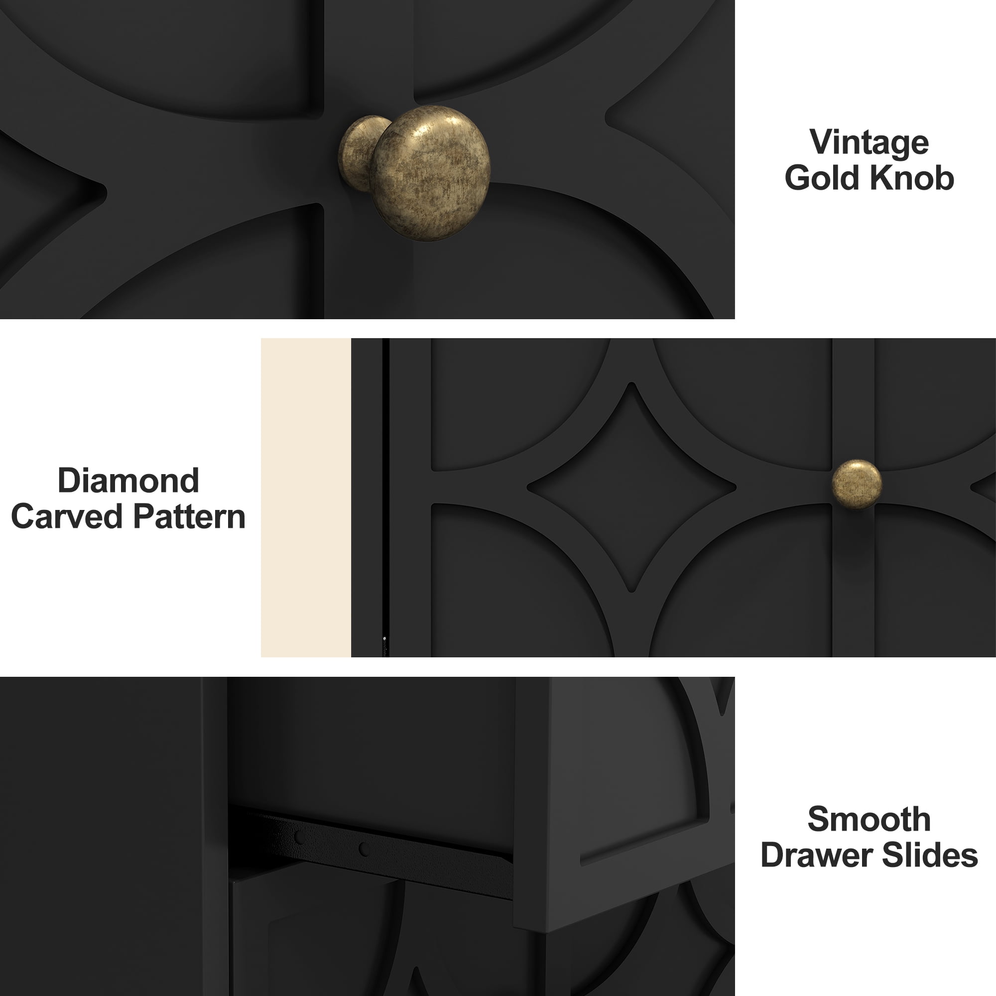 Cozy Home 2-Drawer Nightstand with Charging Station, Modern Side Table with Diamond Carvings and Gold Knobs, Ideal for Living Room, Bedroom, Entryway, Black, Set of 2
