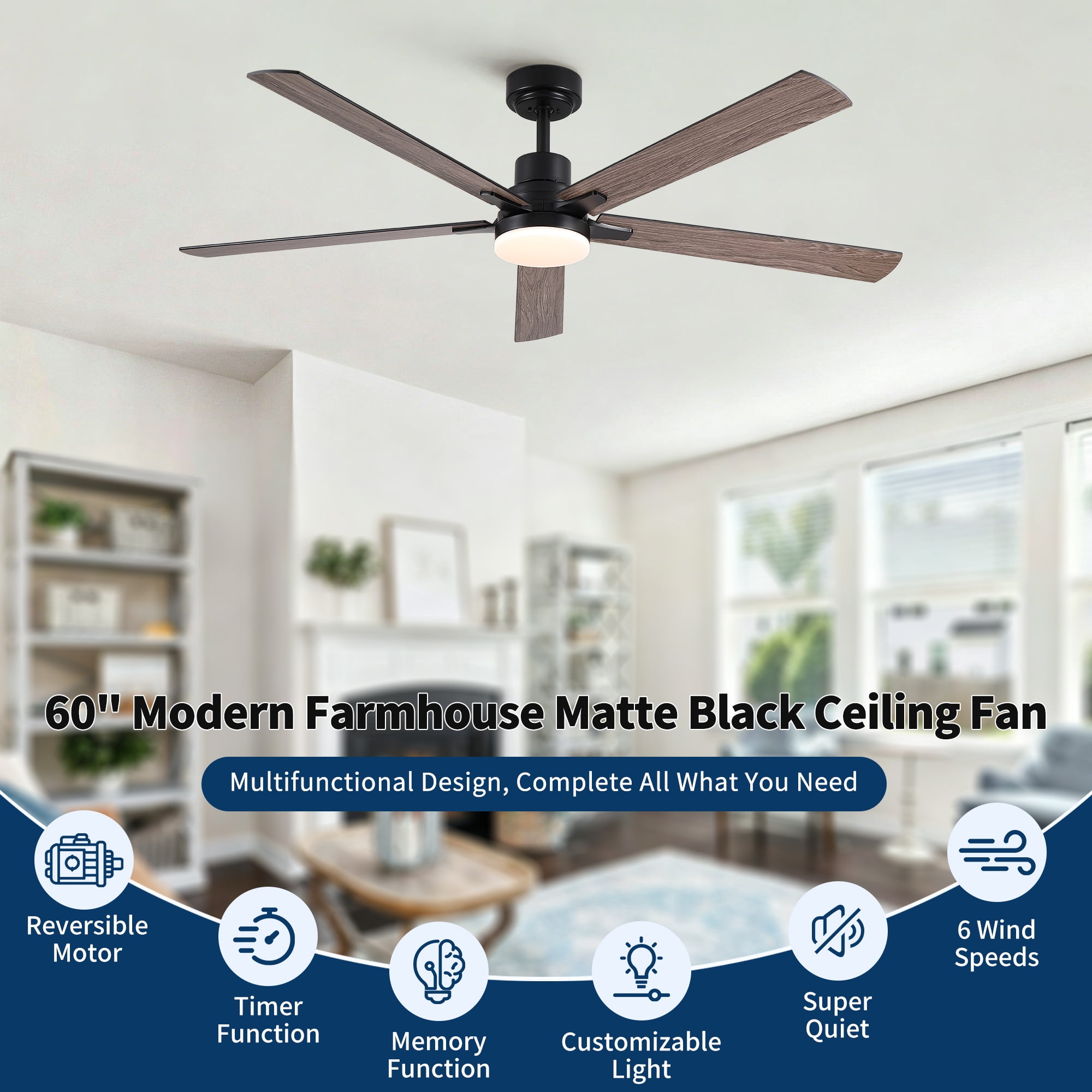 Leumius 60" Ceiling Fan with Lights and Remote, Modern Farmhouse Ceiling Fan with Quiet DC Motor, 6 Speeds, Reversible Blades, Dimmable 3CCT LED Light for Indoor Outdoor Large Room