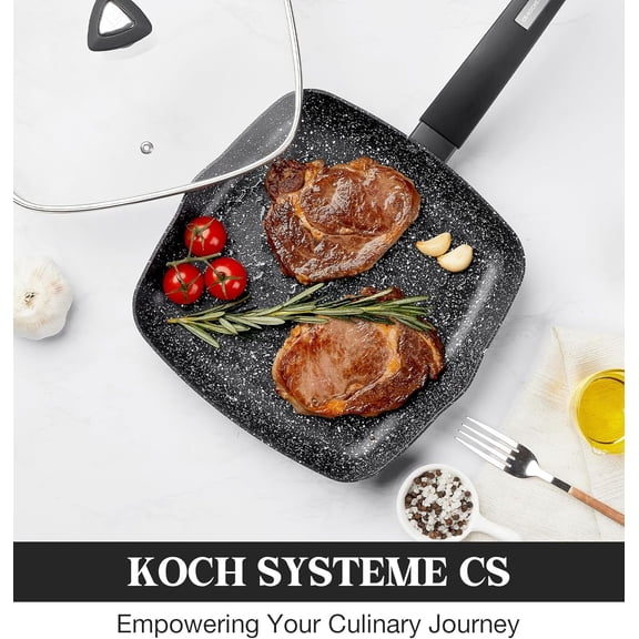 Nonstick Grill Pan 11 Inch Marble Coating Square Skillet with Lid All Stovetop Compatible